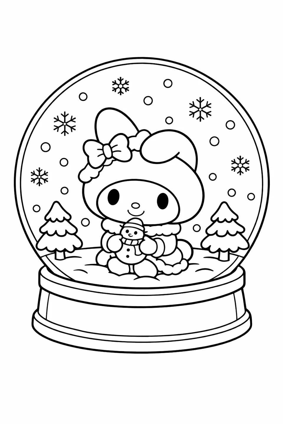 My Melody inside a snow globe surrounded by snowflakes and small pine trees