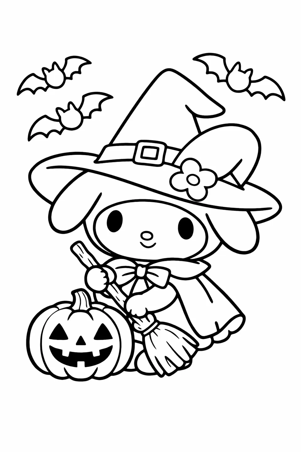 My Melody in a witch hat holding a broomstick with a jack-o-lantern and bats