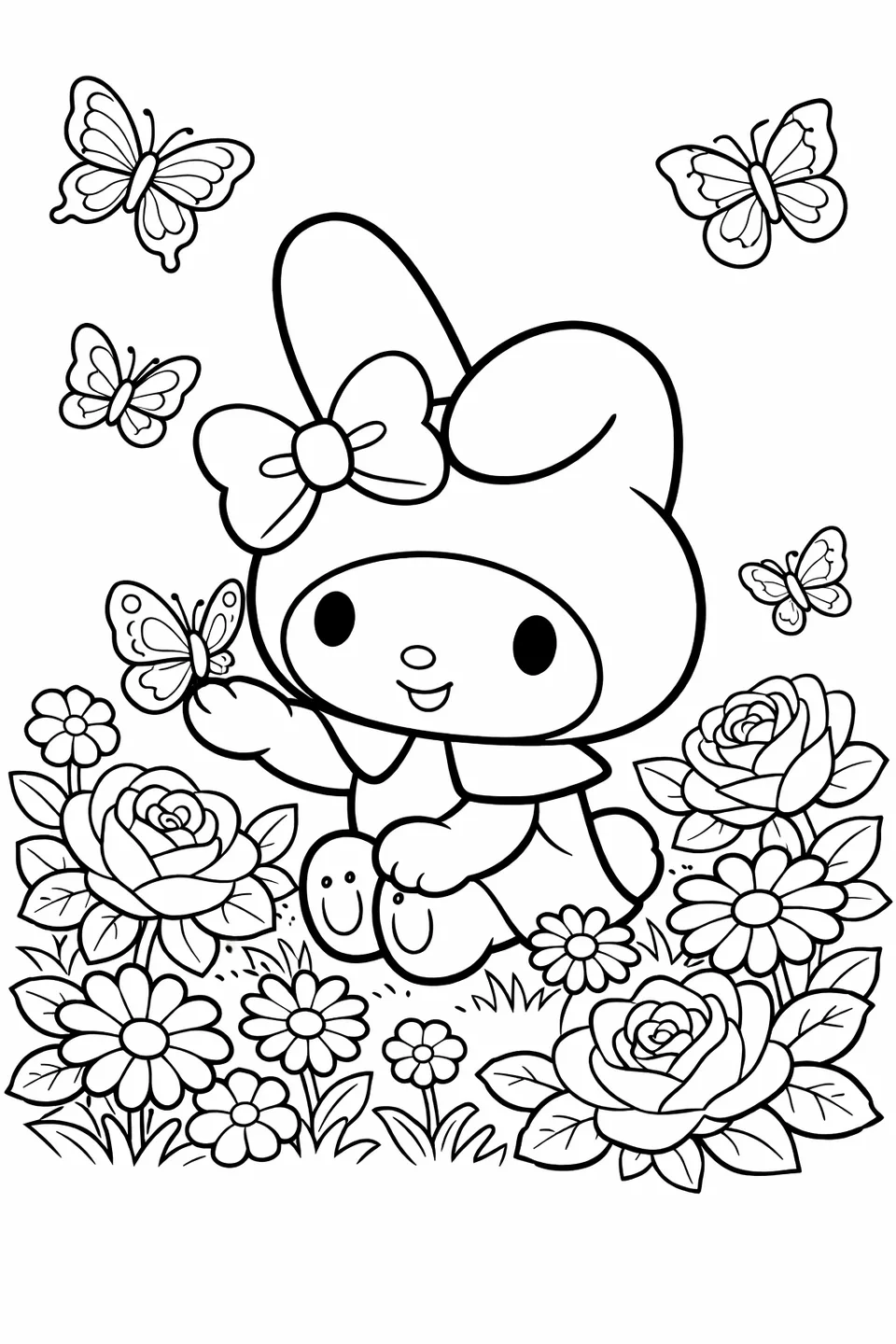My Melody in a flower garden with butterflies and one butterfly resting on her hand