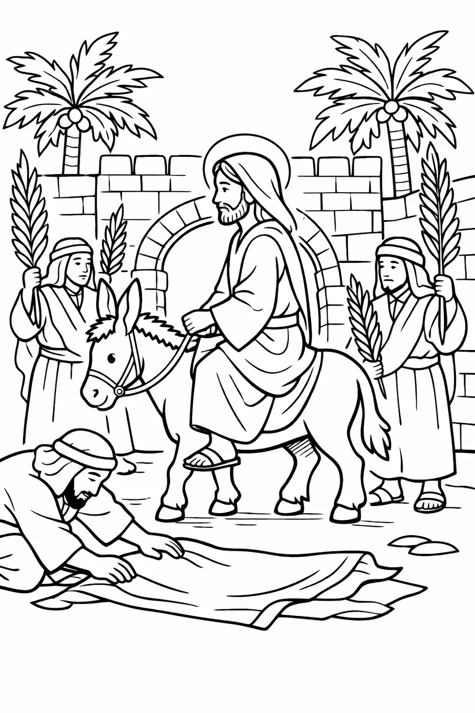 عمل فني خطي مقرب ليسوع على حمار في جانب الملف الشخصي مع ثلاث شخصيات مرتدية ملابس تحمل أغصان نخيل وشخص واحد يضع عباءة على الطريق