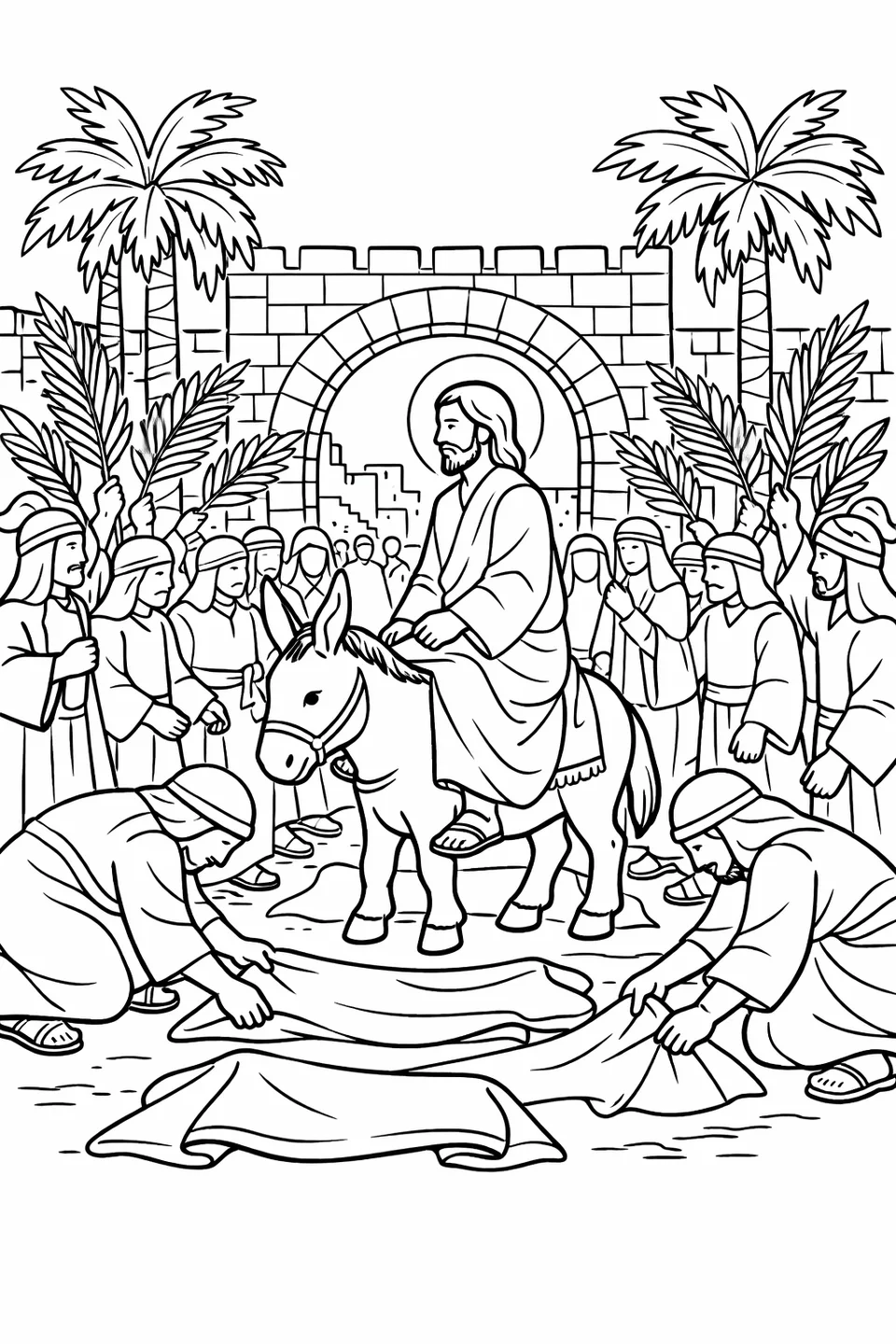رسم خطي واسع ليسوع على حمار محاط بحشد كبير يلوح بأغصان النخيل، وعباءتان على الطريق، وقوس بوابة حجري في الخلفية