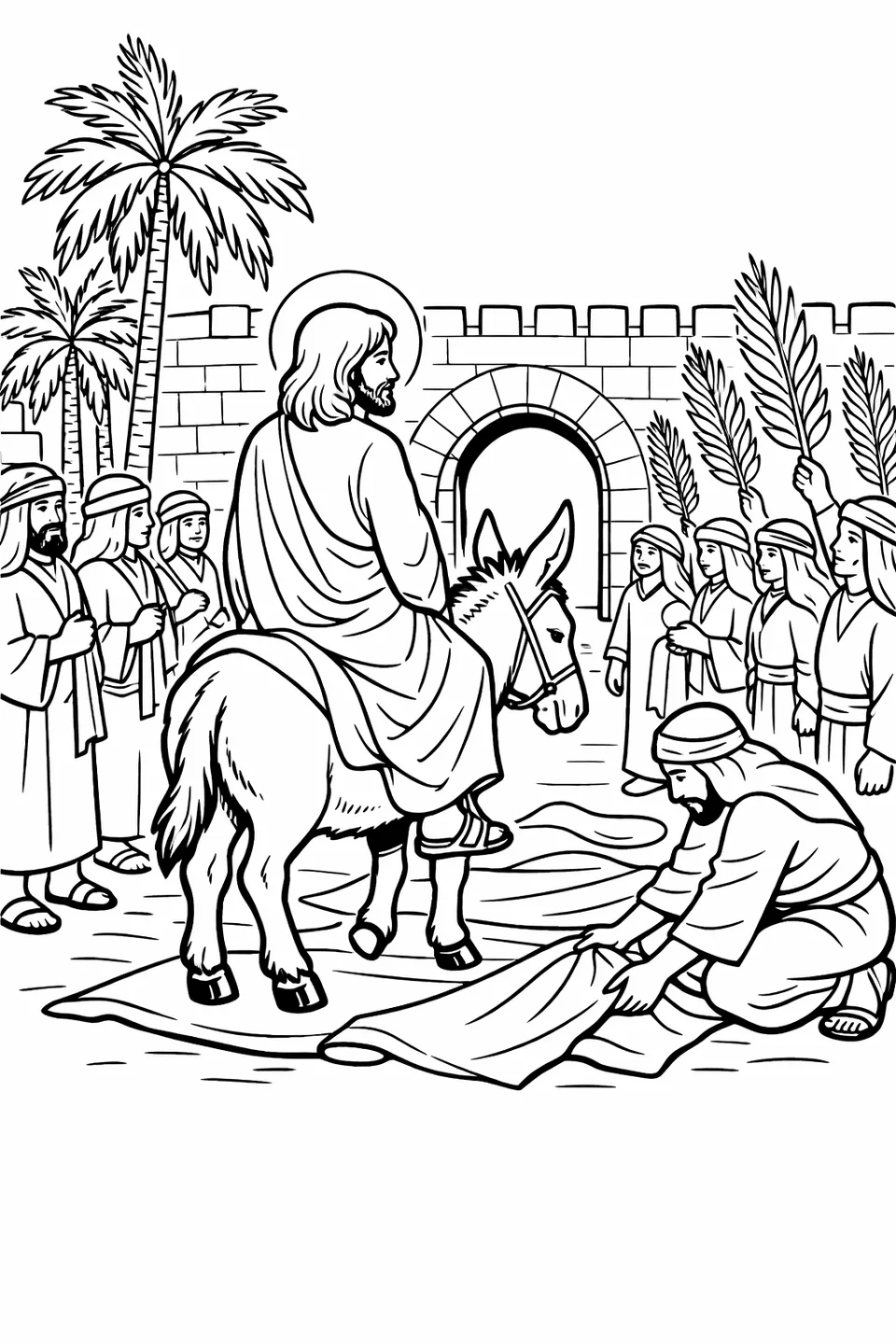 رسم خطي من الخلف ليسوع على حمار يتجه نحو بوابة حجرية مع شخصيات من الحشد تحمل أغصان نخيل وركع أحدهم لوضع عباءة