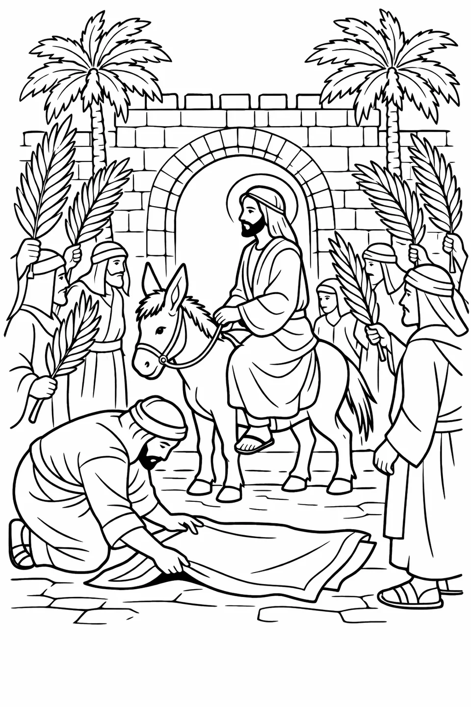 رسم خطي لشخص مُرتدٍ عباءة يضع عباءة على الطريق أمام المسيح على حمار، مع شخصيات من الحشد تحمل سعف النخيل وبوابة حجرية في الخلفية