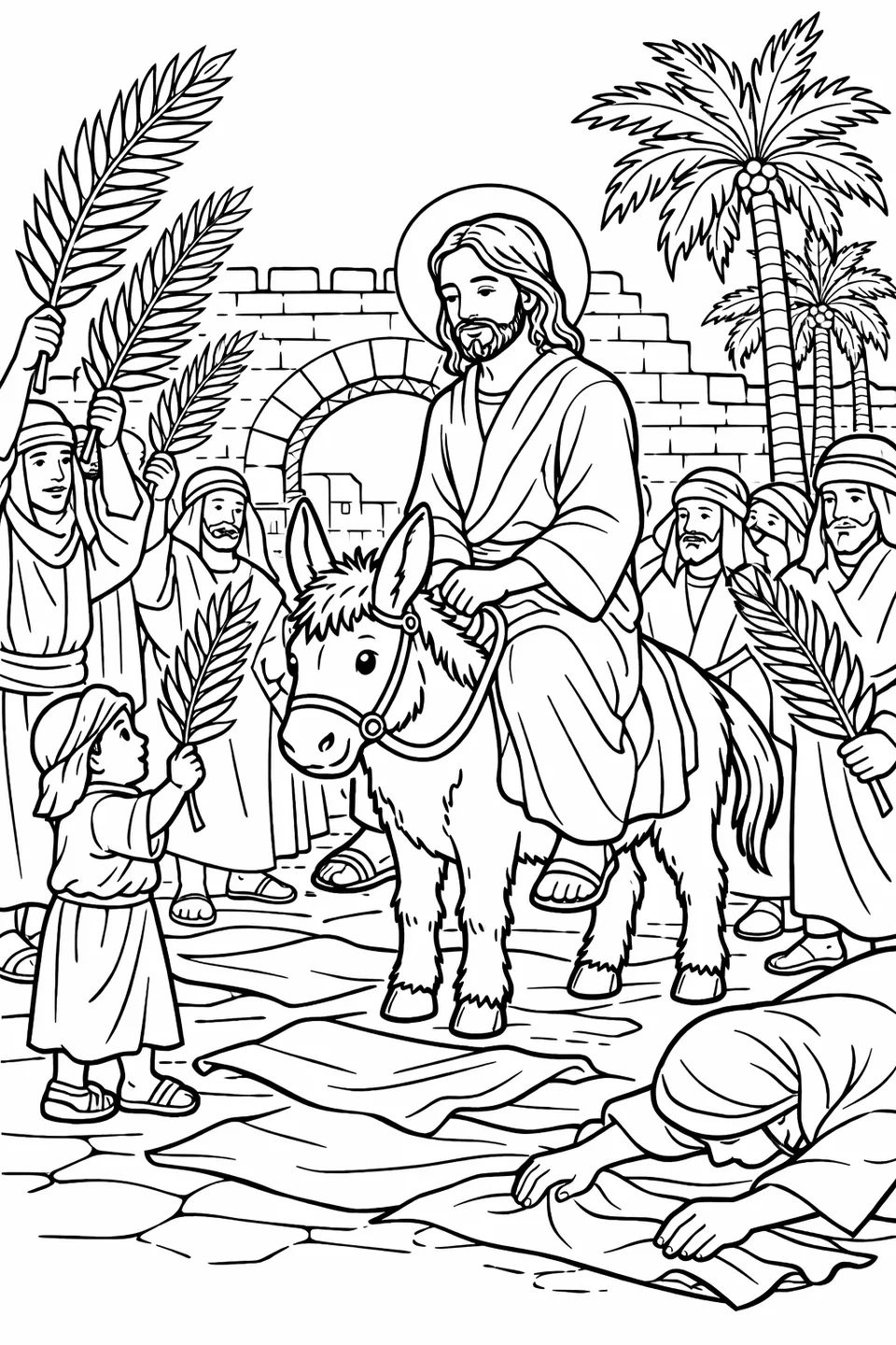 رسم خطي لطفل يمد يده بسعفة نخيل نحو المسيح جالساً على حمار، مع بالغين مُرتدين عباءات خلفه وبوابة مقوسة حجرية في الخلفية
