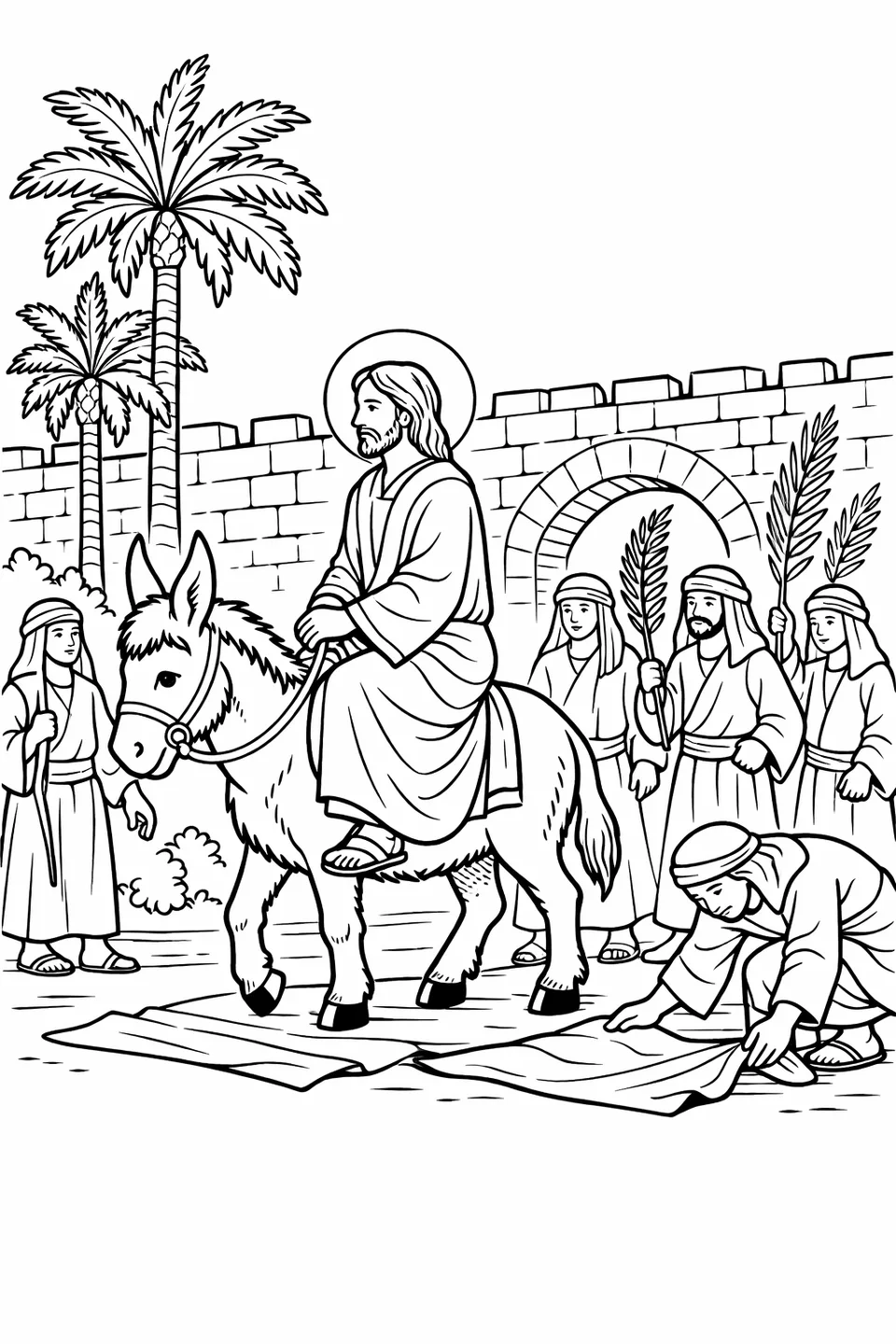 رسم خطي للمسيح على حمار يقود مجموعة من التلاميذ مع سعف النخيل نحو سور مدينة حجري شاهق، أحد التلاميذ يضع عباءة على الطريق