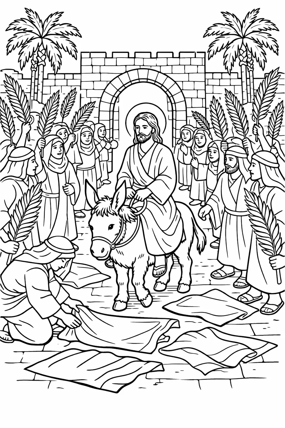 رسم خطي بزاوية مرتفعة للمسيح على حمار مع عباءات مفروشة على الطريق أمامه، وشخصيات من الحشد تحمل سعف النخيل على كلا الجانبين، وبوابة مقوسة حجرية خلفهم