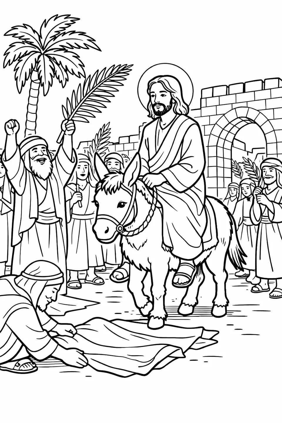 رسم خطي لشيخ ملتحٍ يرفع ذراعيه بسعفة نخيل أثناء مرور المسيح على حمار، مع شخصيات متلفعة وبوابة حجرية مقوسة في الخلفية