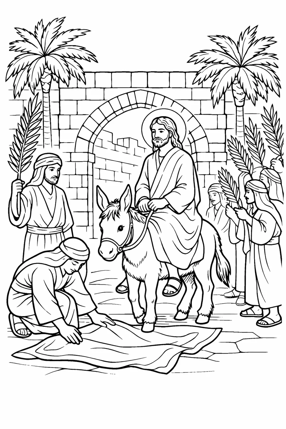 رسم خطي لشخصين ملتحفين على جانب الطريق، أحدهما يمد عباءة والآخر يرفع سعفة نخيل، بينما يمر المسيح على حمار مع بوابة حجرية في الخلفية