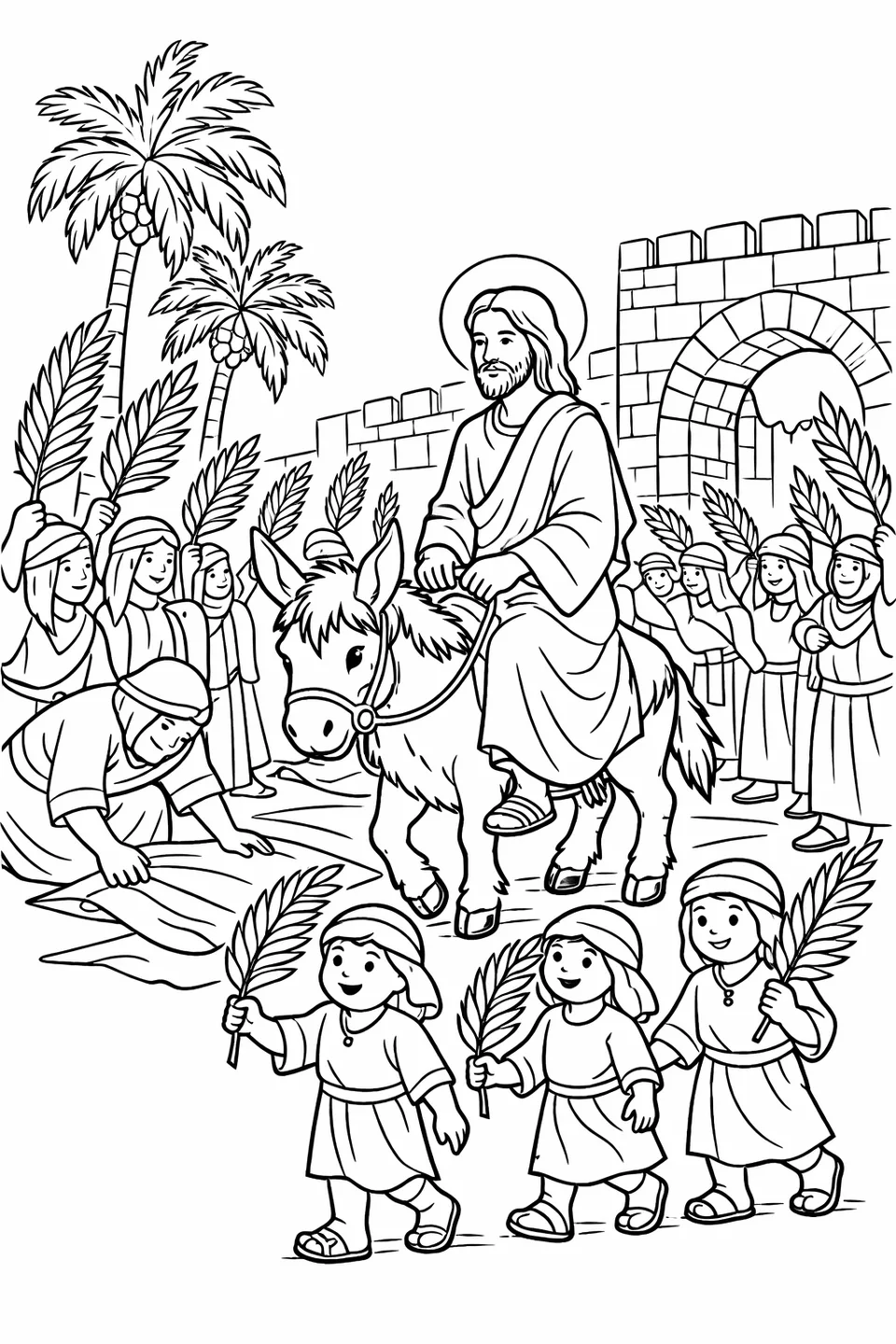 رسم خطي لثلاثة أطفال يلوحون بسعف النخيل أمام المسيح على حماره، مع حشود من الكبار تصطف على الطريق وبوابة حجرية مقوسة في الركن الأيمن العلوي