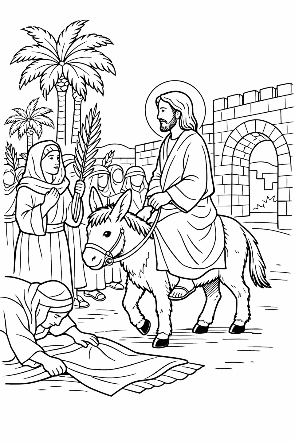 رسم خطي لامرأة ترفع سعفة نخيل وتضع يدها على صدرها بينما يمر المسيح على حمار، مع بوابة حجرية مقوسة في الخلفية