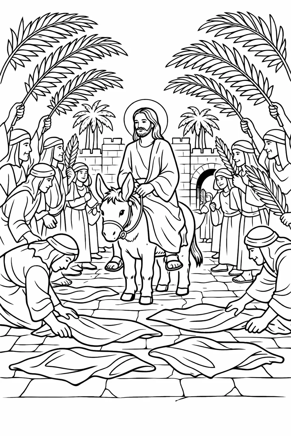 رسم خطي من مستوى الأرض لعباءات في المقدمة، وحشود ترفع أغصان النخيل المقوسة فوق الرأس، ويسوع على حمار يقترب من بوابة حجرية مقوسة