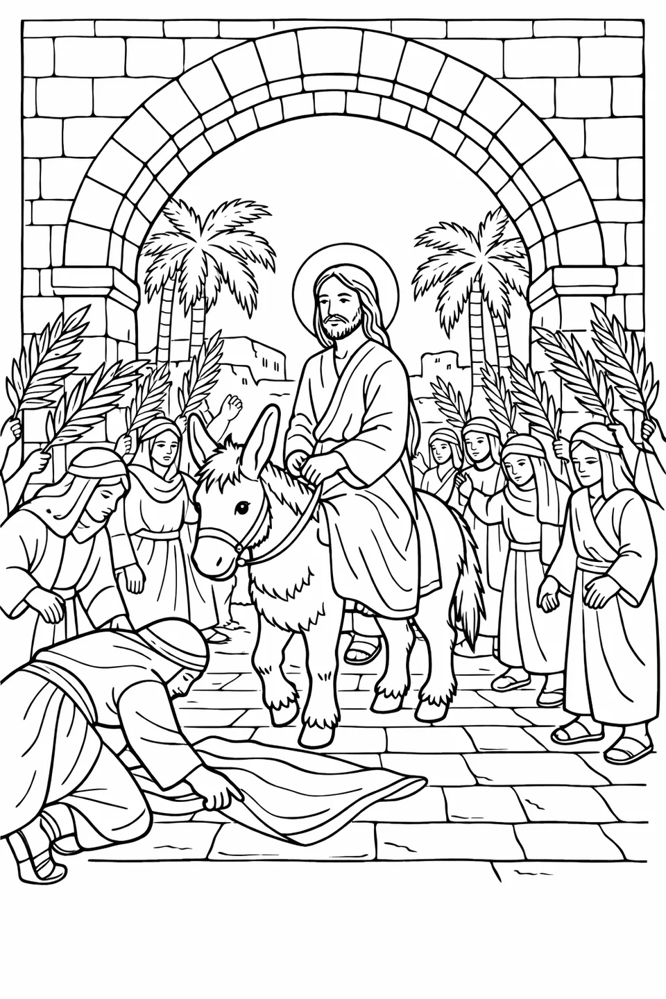 رسم خطي ليسوع على حمار يمر عبر بوابة حجرية كبيرة مقوسة مع حشود تلوح بأغصان النخيل على الجانبين وشخص يضع عباءة عند العتبة