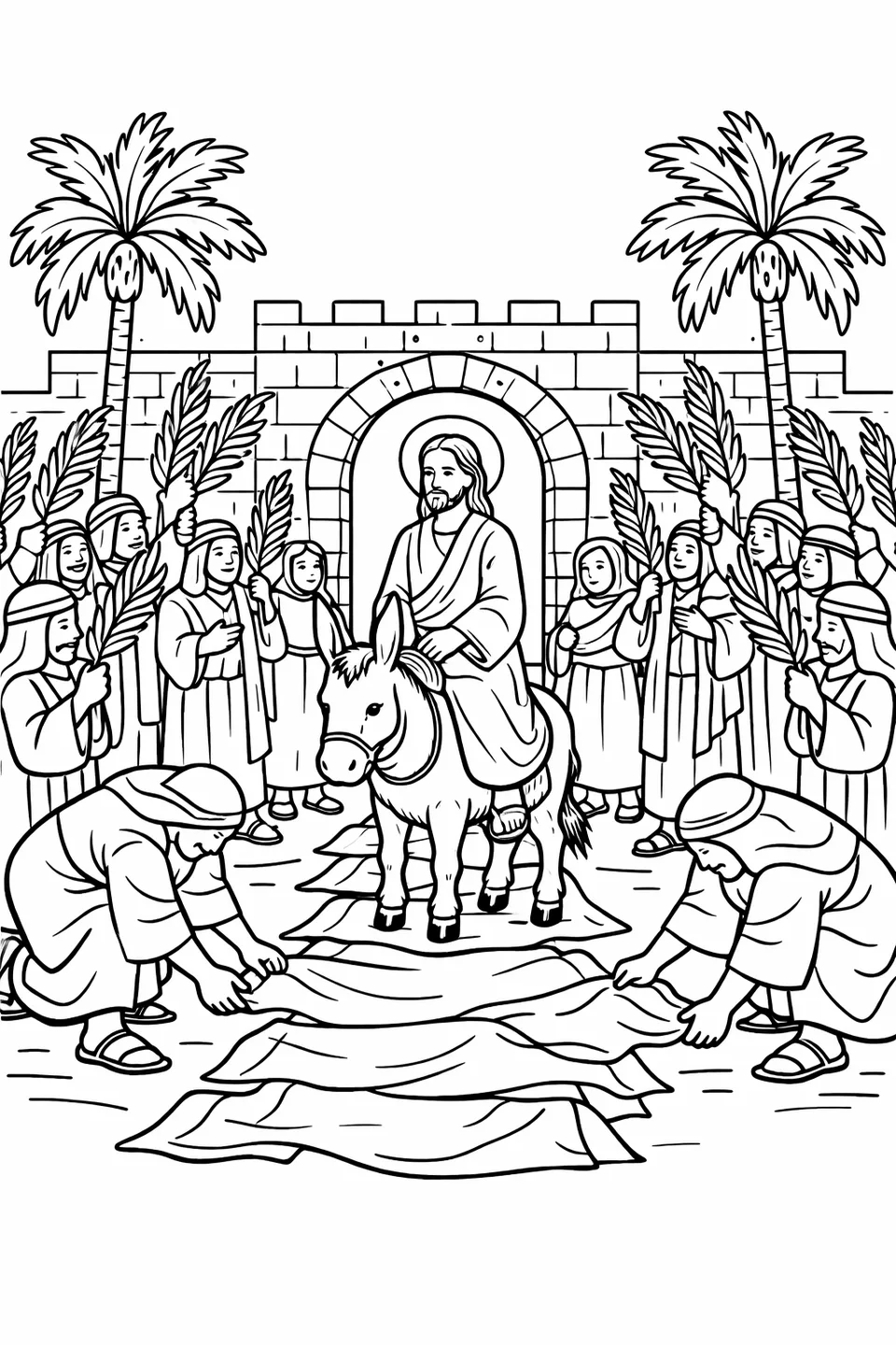 رسم خطي متناظر ليسوع على حمار في المنتصف مع حشود متساوية ترفع أغصان النخيل على الجانبين، وعباءات على الطريق، وبوابة حجرية مقوسة خلفها