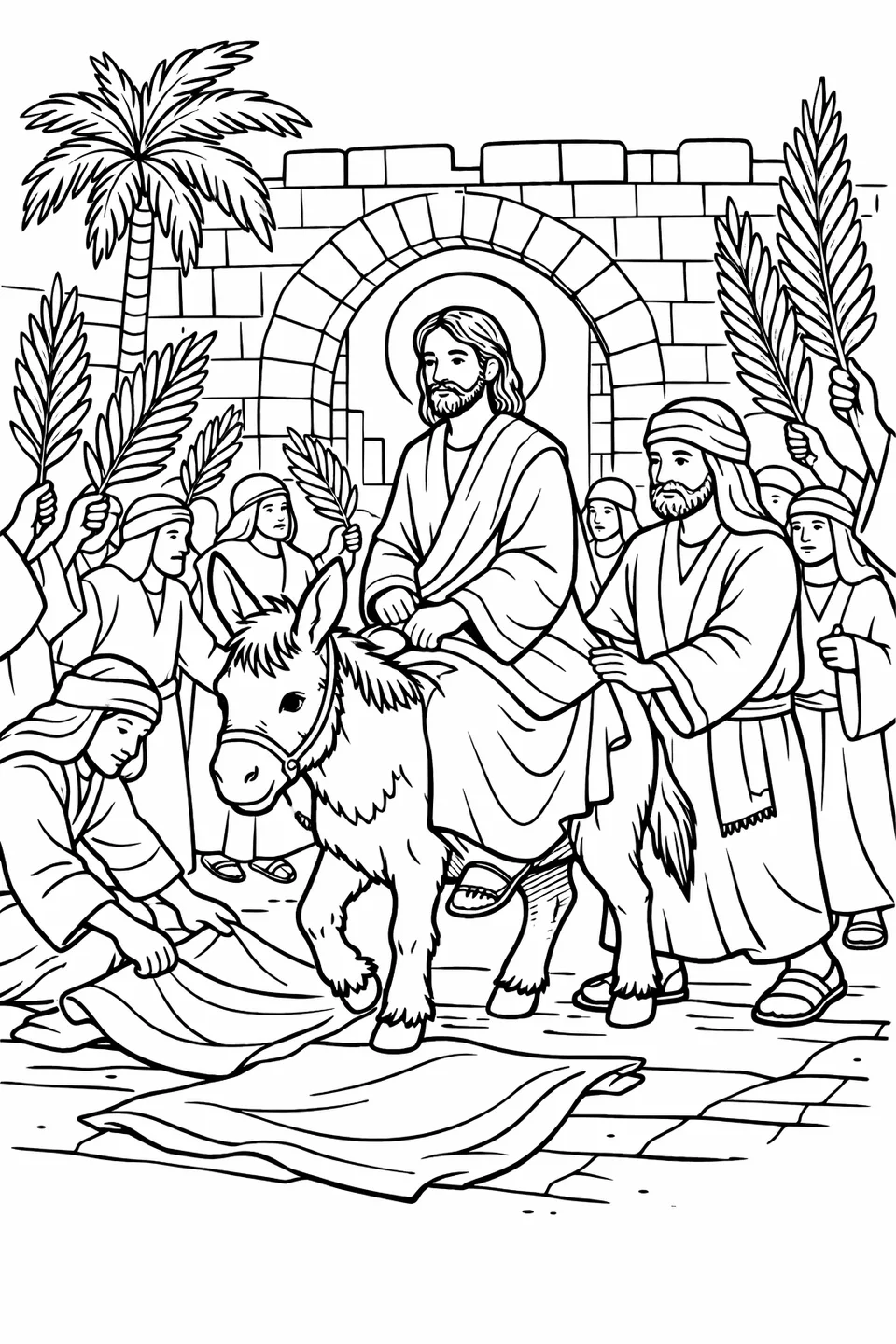 رسم خطي لتلميذ يسير بجانب الحمار بينما يركب يسوع، وتلوح الحشود أمامه بأغصان النخيل، ويركع أحدهم لوضع عباءة، وتقف بوابة حجرية في الخلفية