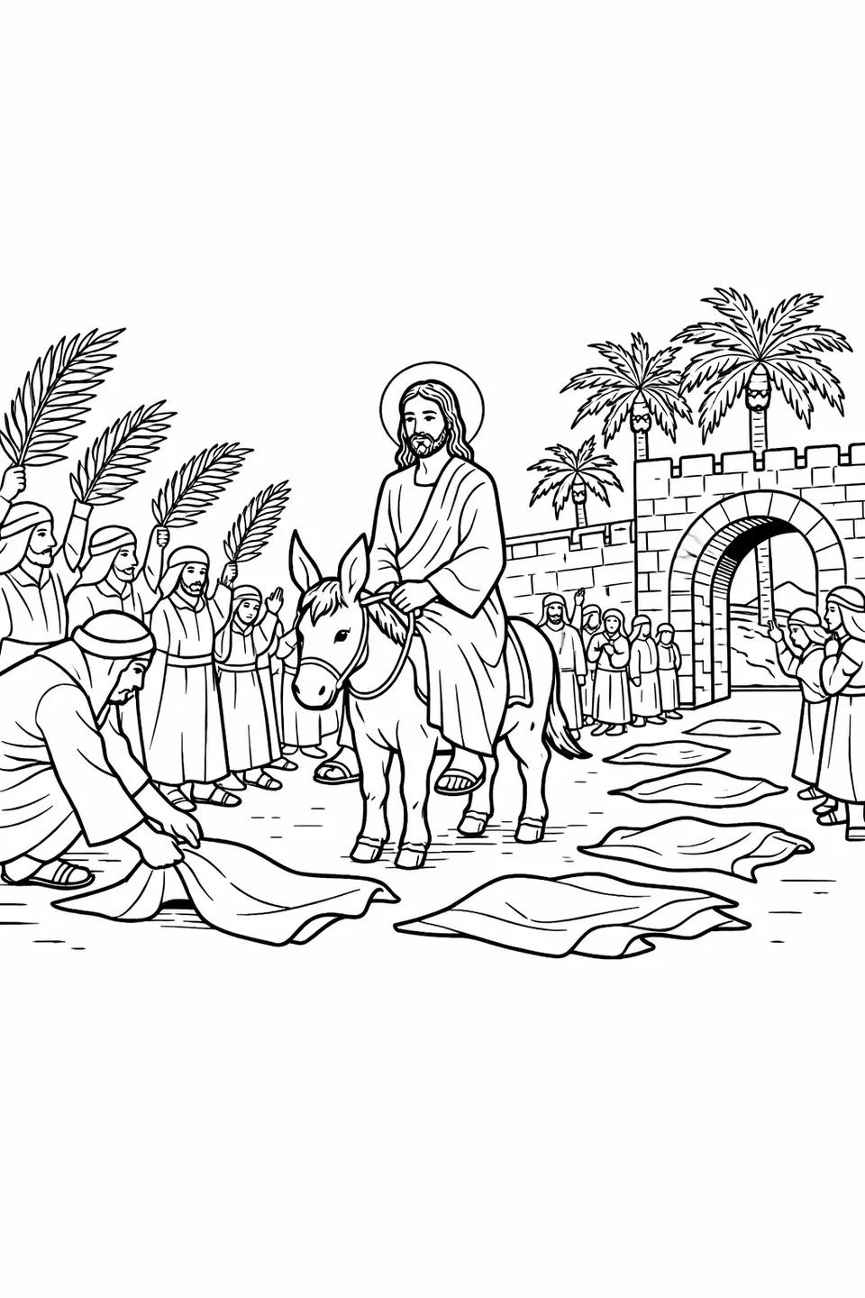 خطوط بانورامية لموكب طويل من شخصيات ترتدي ملابس وترفع سعف النخل خلف يسوع على حمار، في طريق نحو بوابة قوس حجرية في أقصى اليمين.