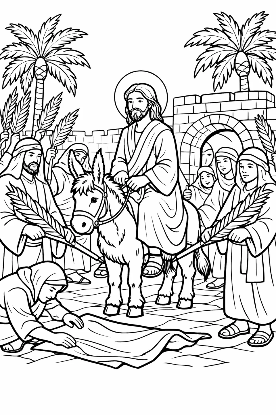 خطوط لشخصين يتقاطعان سعف النخل أمام الحمار بينما يقود يسوع إلى الأمام، وشخص ثالث يضع رداءً، وبوابة قوس حجرية محاطة بأشجار نخيل في الخلفية.