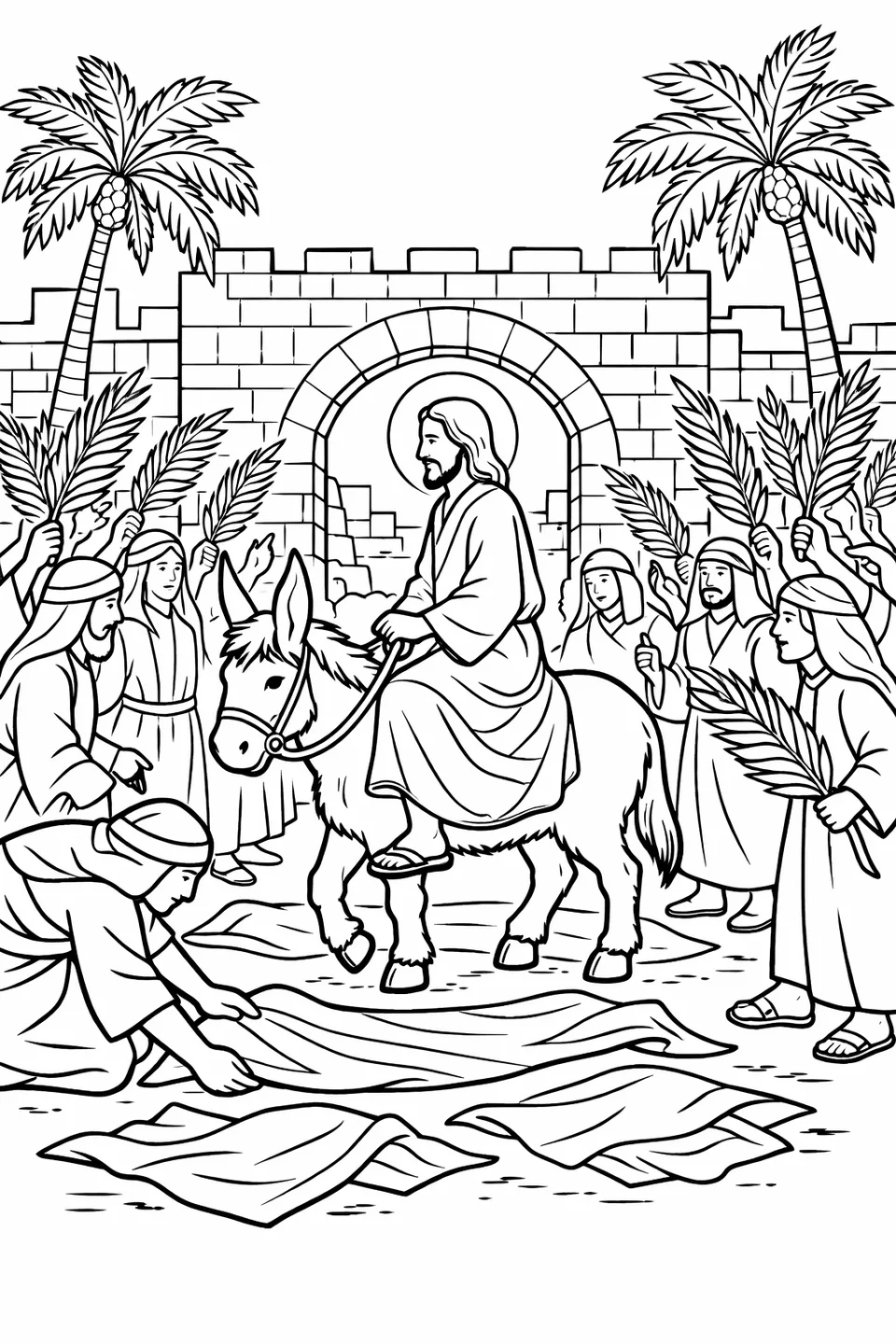 خطوط ليسوع على حمار في طريق ممهد بالعباءات مع شخصيات من الحشد ولوح بسعف النخل، وصور ظلية لأسطح المنازل وبوابة قوس حجرية في الخلفية.