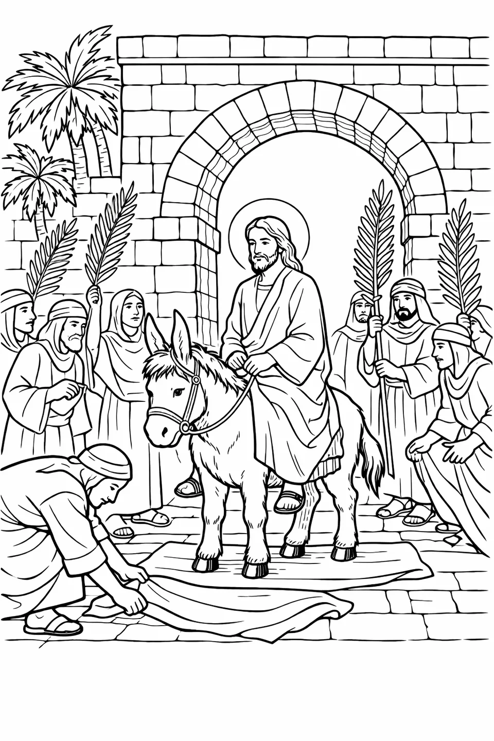 خطوط ليسوع على حمار عند قاعدة بوابة قوس حجرية، وشخص داخل القوس يحمل سعف النخل، وحشود خارجية تلوح بسعف النخل، وشخص يضع رداءً عند العتبة.