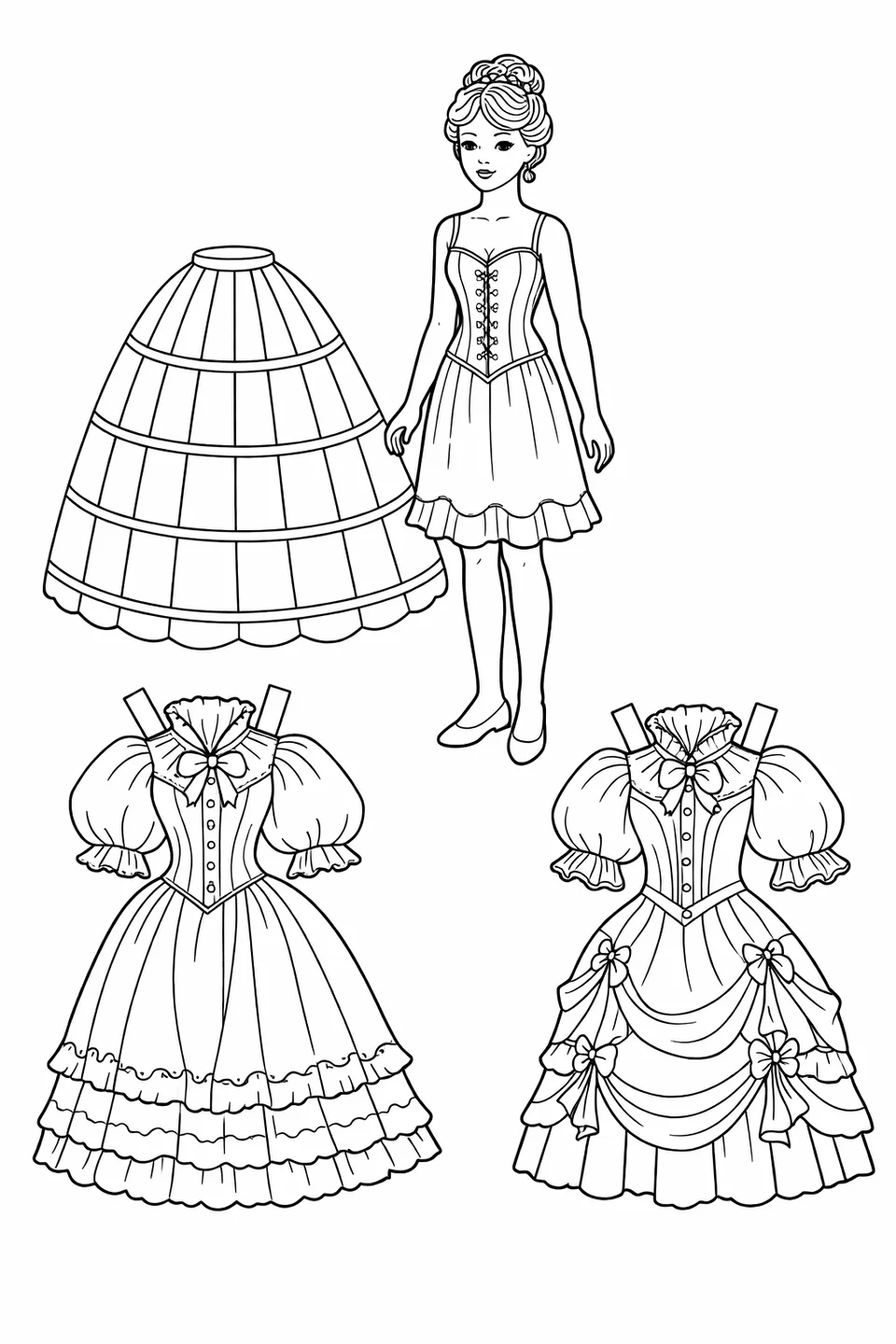 Victorian paper doll woman with crinoline skirt and two formal gowns with puffed sleeves
