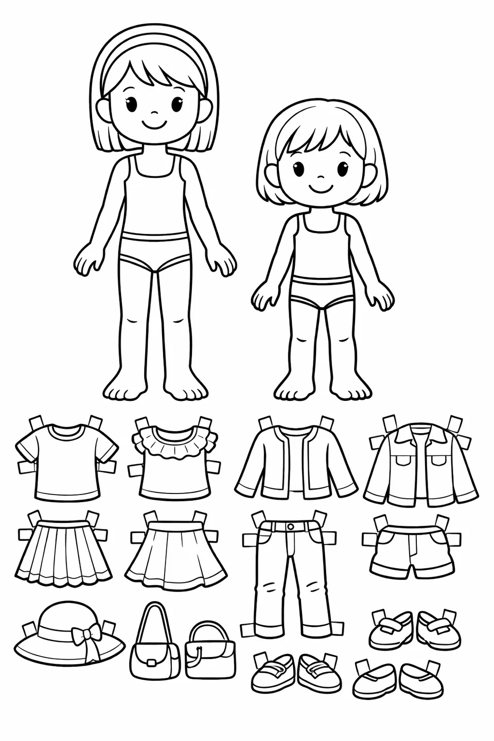 Two paper doll figures of different heights with mix-and-match wardrobe pieces arranged below