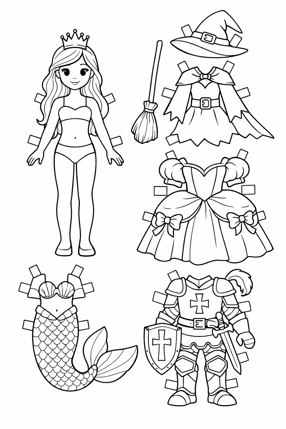Princess paper doll with crown next to ballgown, witch outfit, mermaid tail, and knight armor