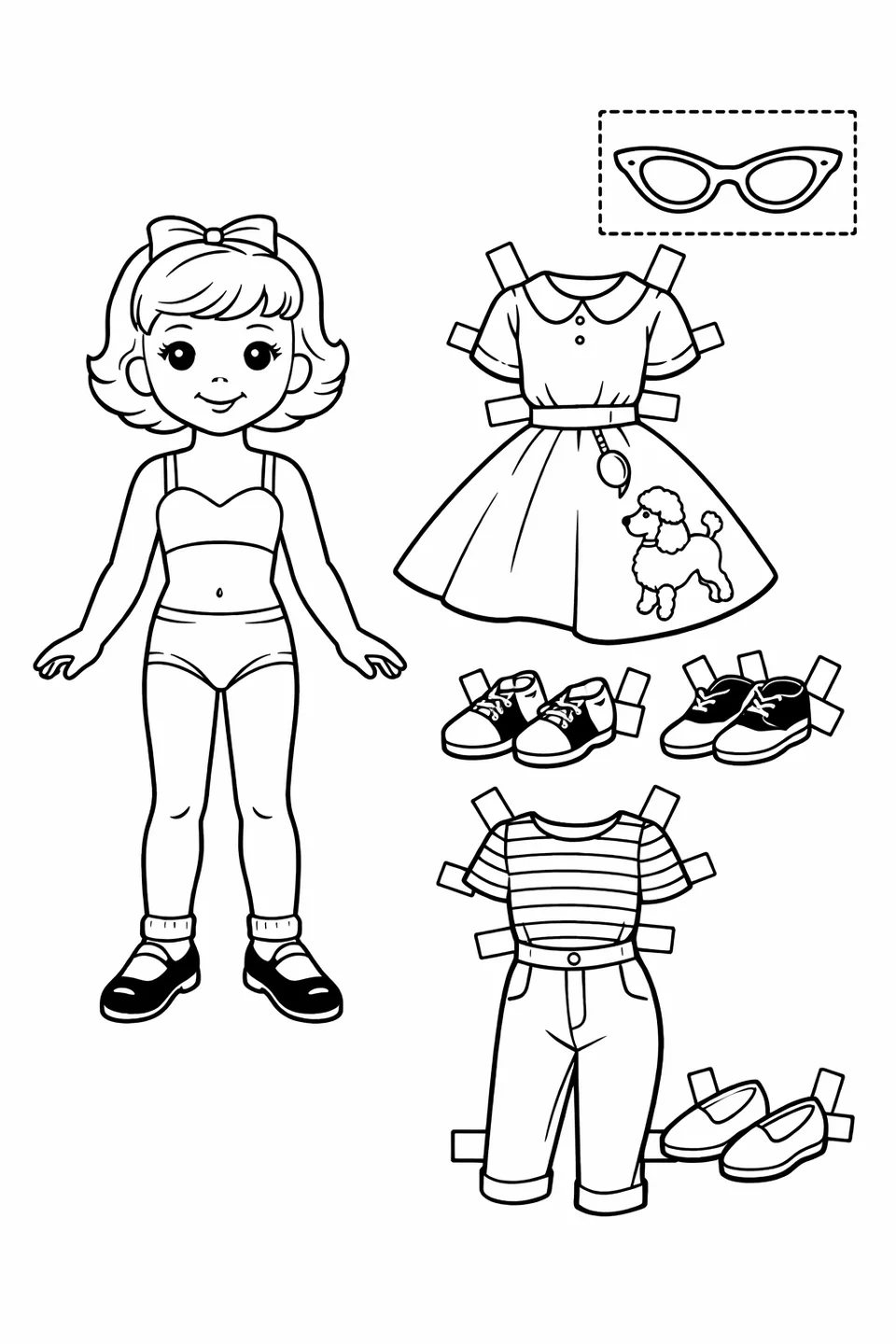 1950s paper doll girl with poodle skirt, saddle shoes, cat-eye glasses, and capri pants outfit