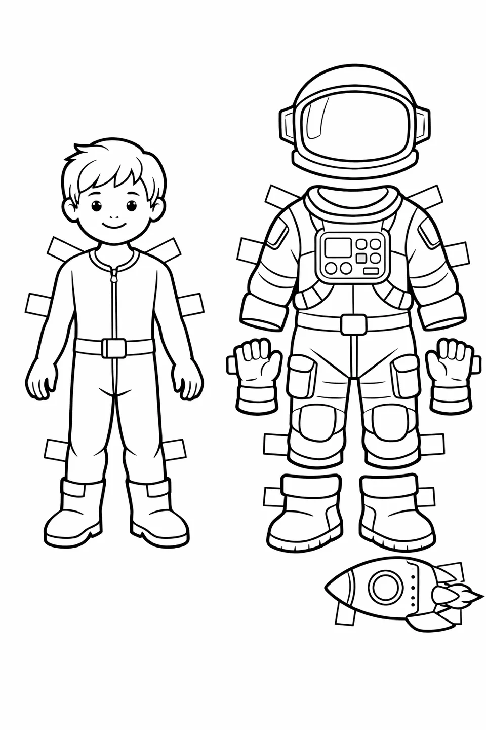 Astronaut paper doll in jumpsuit with separate spacesuit pieces and a flat rocket ship