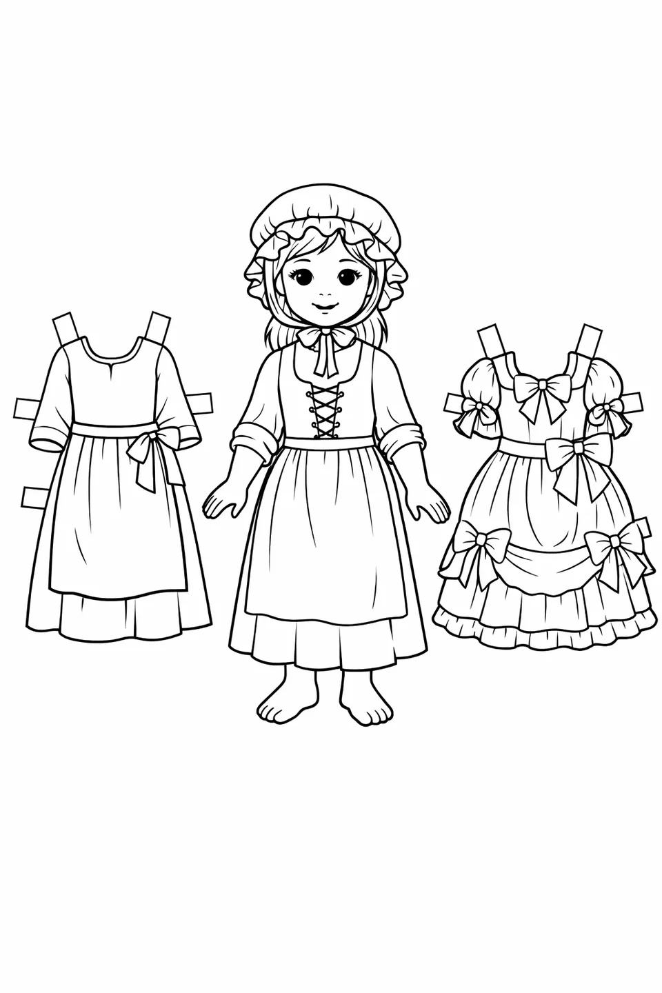Colonial American girl paper doll with mob cap, apron, plain work dress, and ribbon Sunday dress