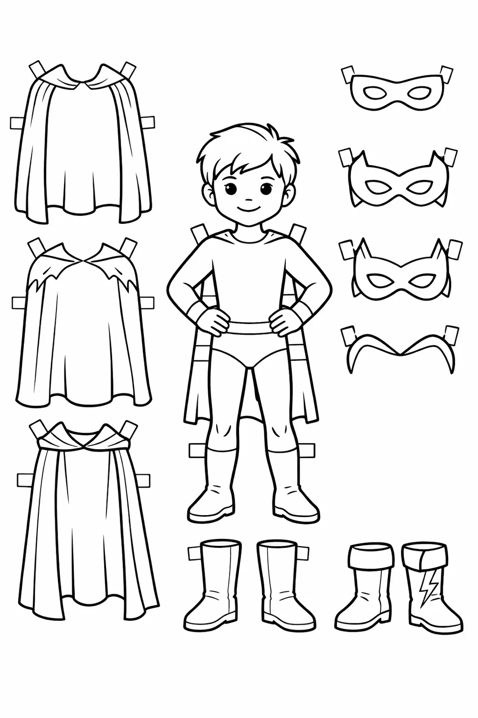 Superhero paper doll with three flat capes, three mask options, and two pairs of boots in a grid