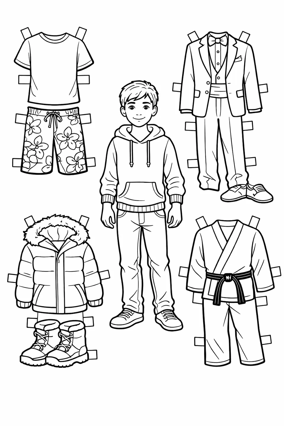 Teen boy paper doll with flat outfits including board shorts, tuxedo, winter parka, and karate gi