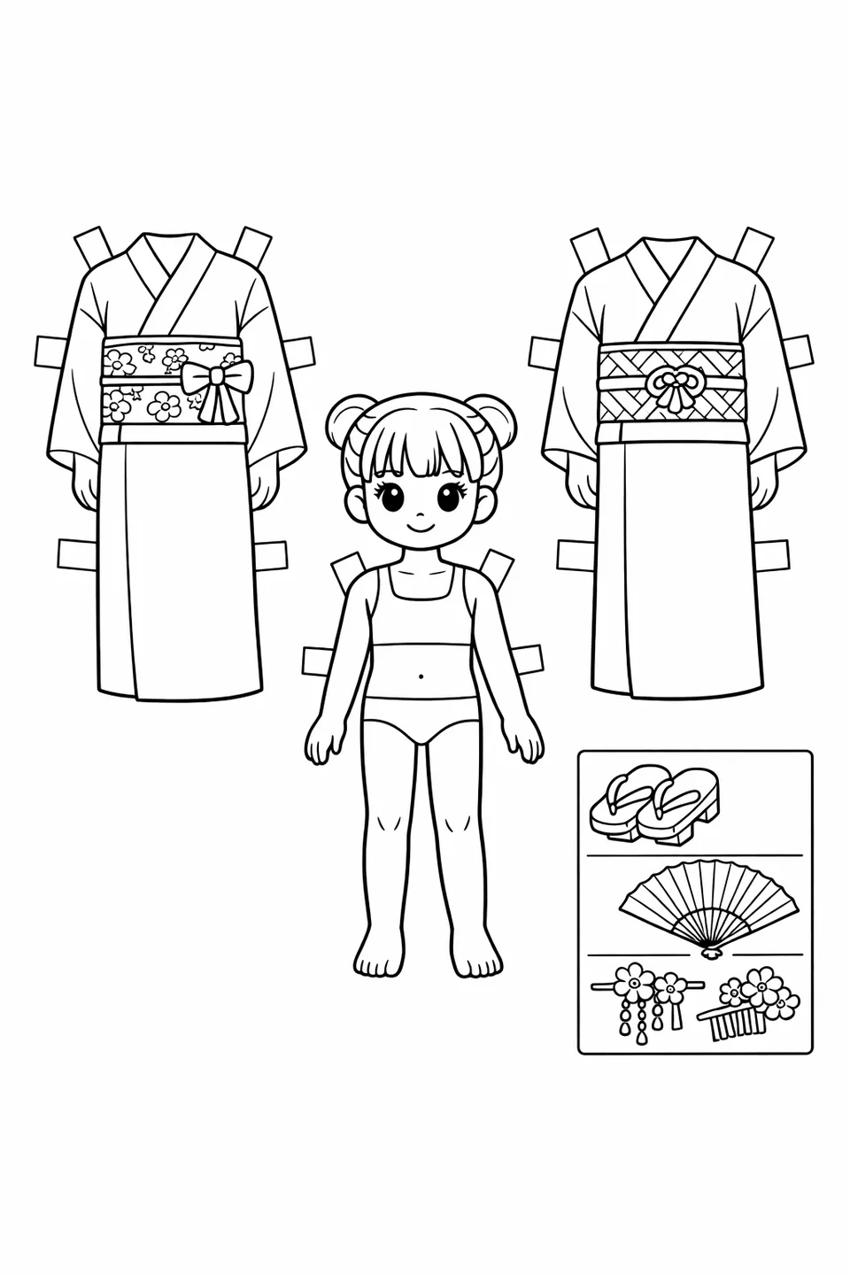 Kimono paper doll with two flat kimonos, wooden sandals, paper fan, and hair ornament accessories