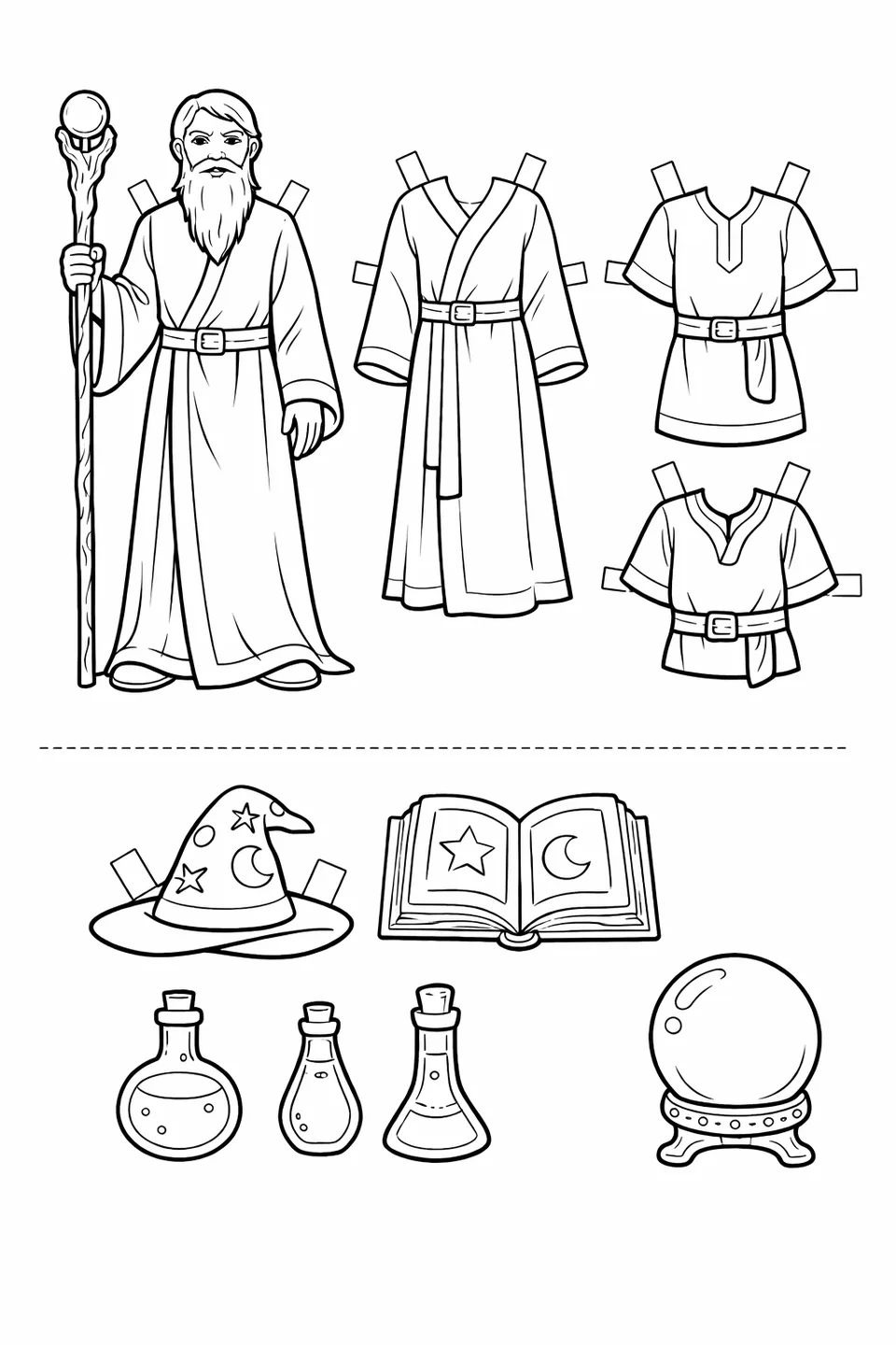 Wizard paper doll in robe with staff, three robe alternatives, and magic accessory sheet