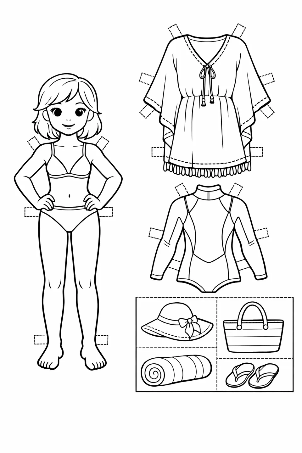 Beach paper doll with swimsuit, kaftan, wetsuit, and accessory card with hat, bag, towel, and flip flops