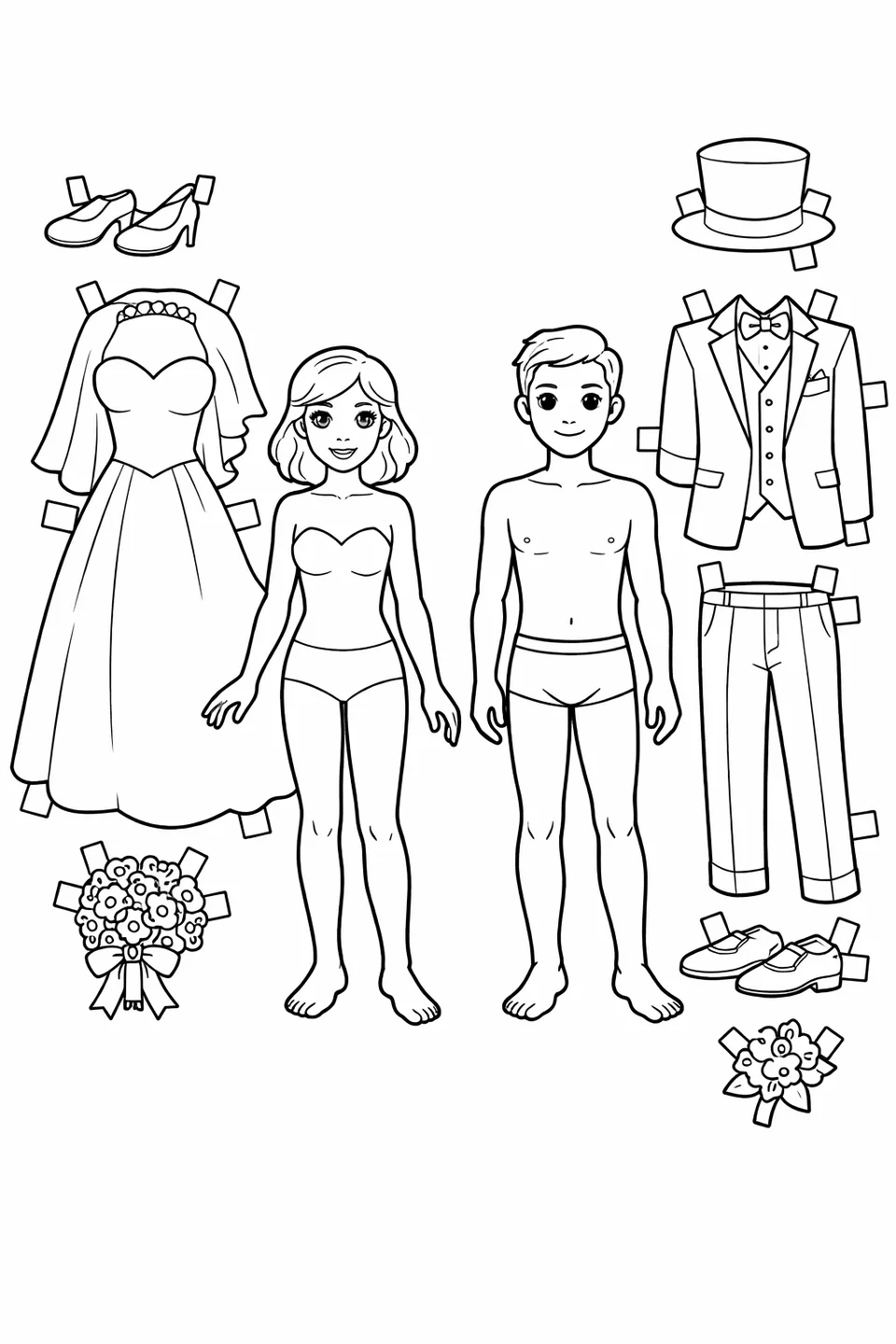 Paper doll couple in plain figures beside flat wedding gown, formal suit, bouquet, and boutonniere
