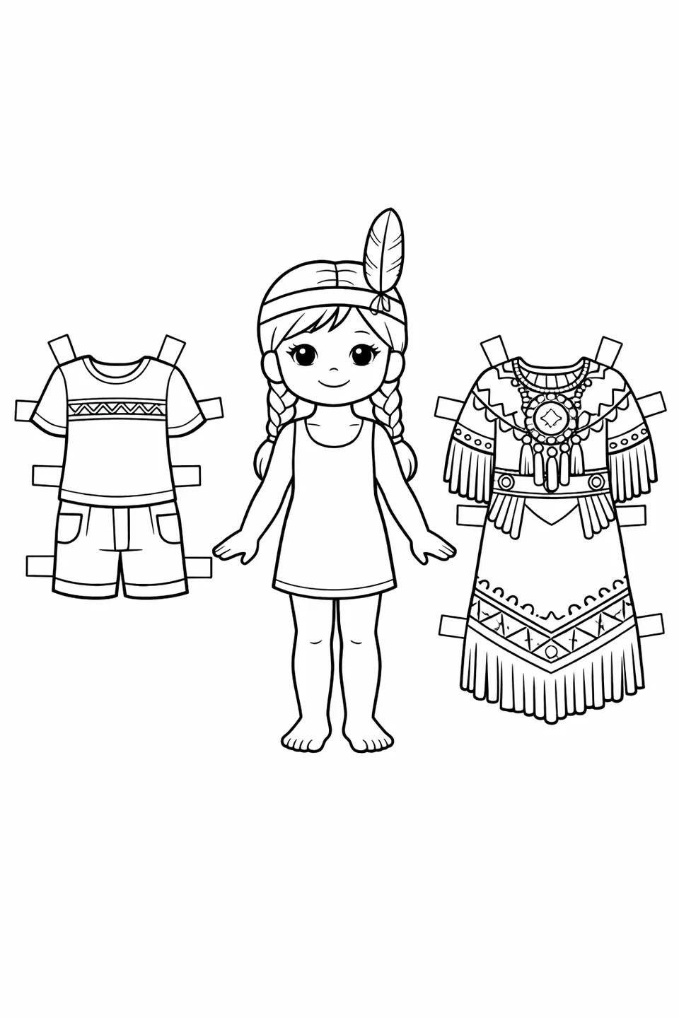 Native American girl paper doll with traditional regalia, everyday outfit, and ceremonial fringe dress