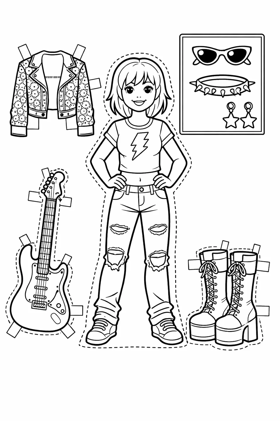 Rock star paper doll with band tee, sequined jacket, platform boots, guitar, and sunglasses card
