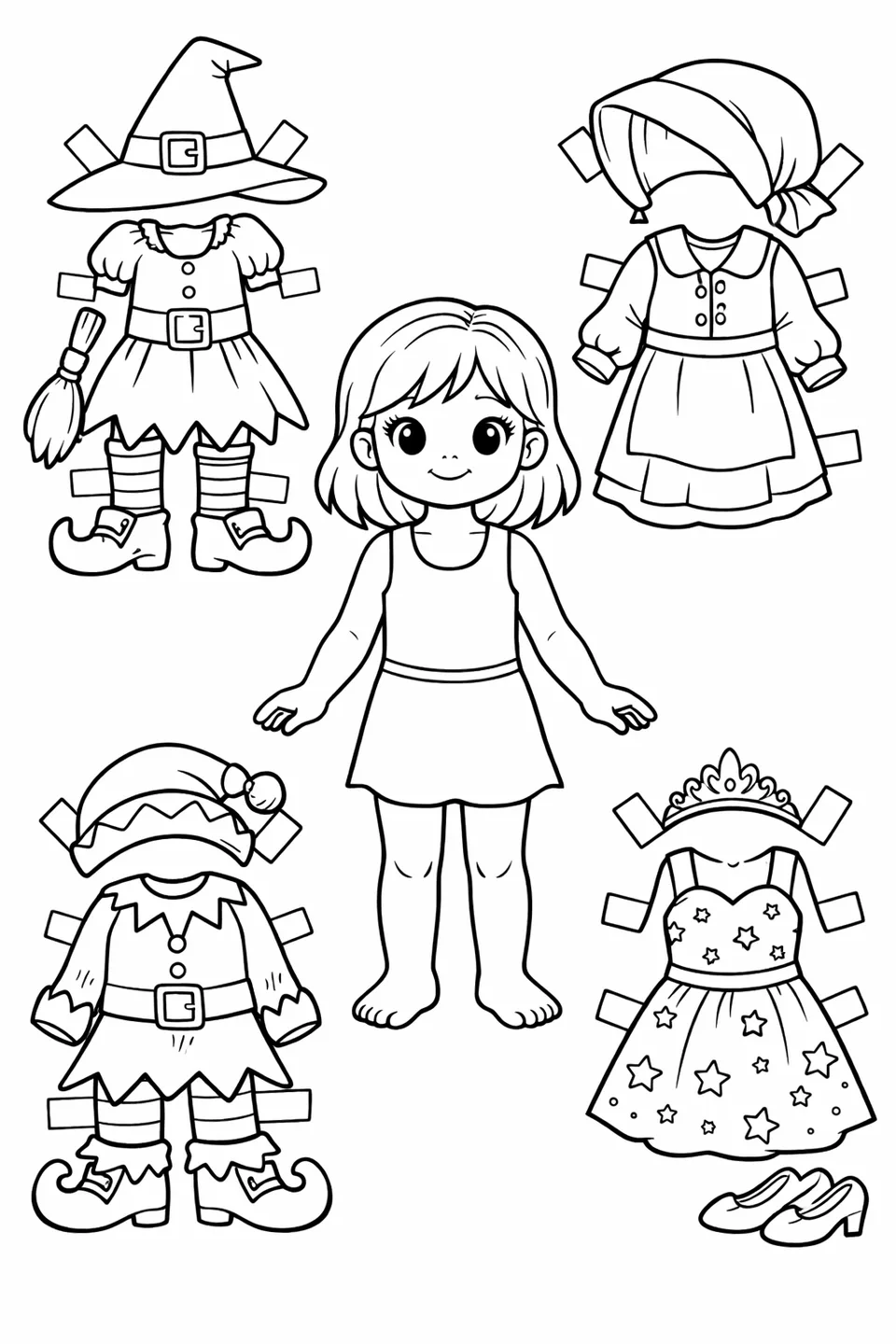 Girl paper doll with four flat seasonal outfits including Halloween witch, Thanksgiving, Christmas elf, and New Year's dress