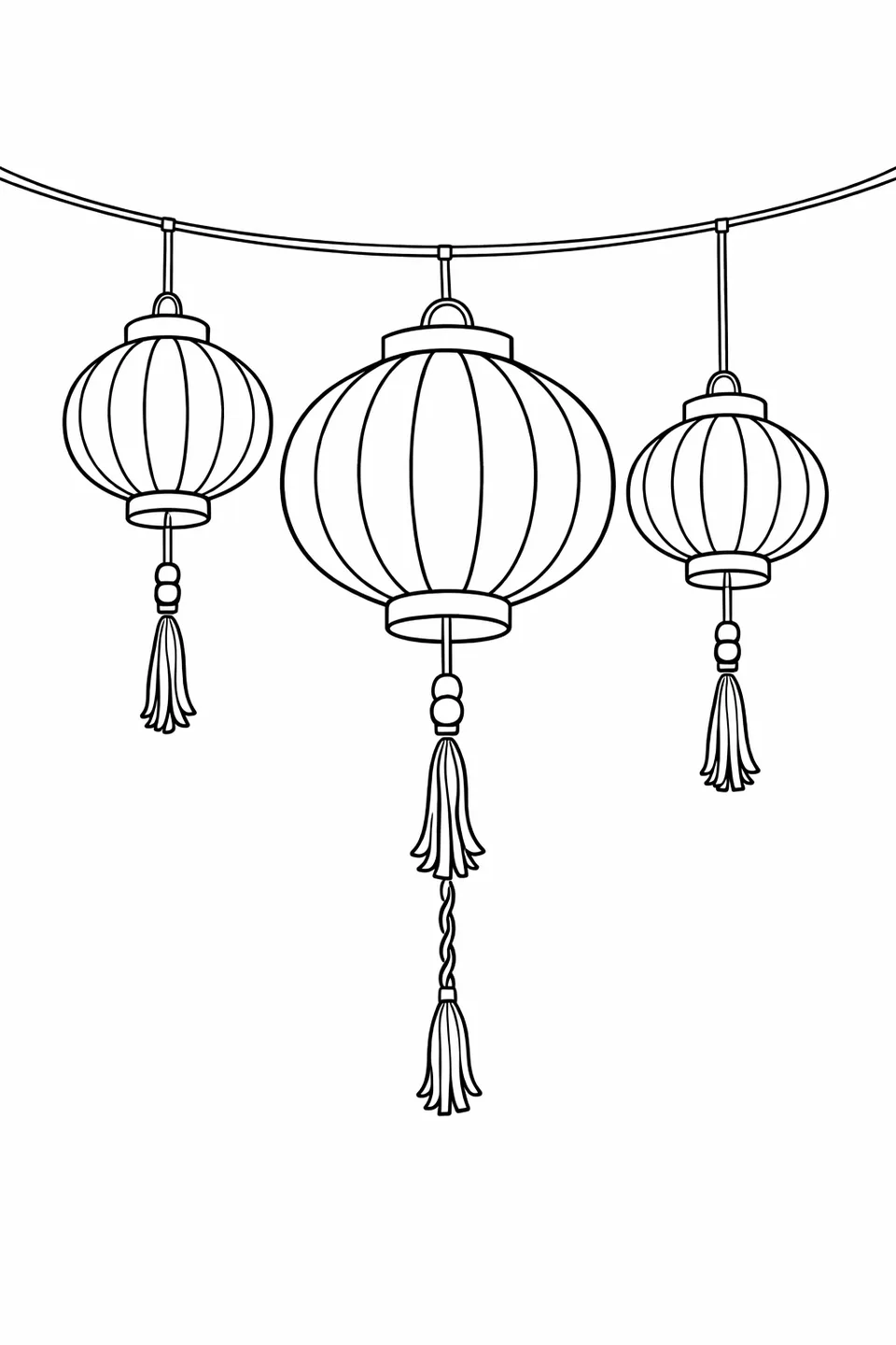 Three round paper lanterns with vertical panel lines and tassels hanging from a string at different heights