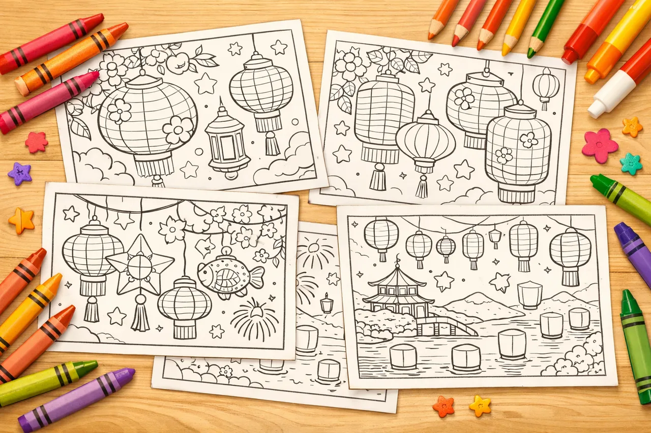 Paper Lanterns coloring pages cover collage