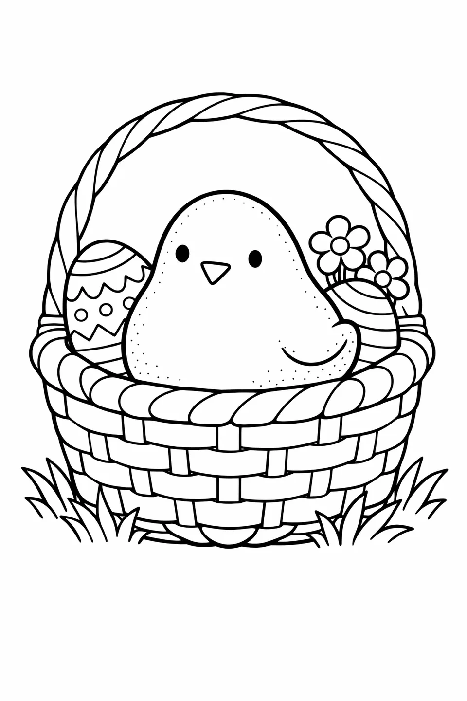 Зефирный птенчик Peeps в плетеной пасхальной корзине с плетеной деталью и травинками у основания