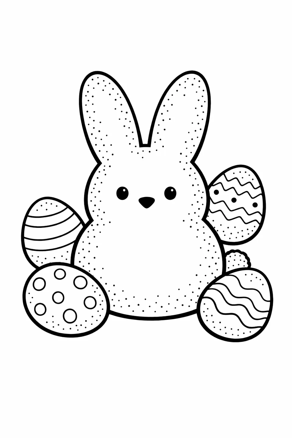 Кролик Peeps из зефира в окружении четырех пасхальных яиц с узорами из полосок и точек