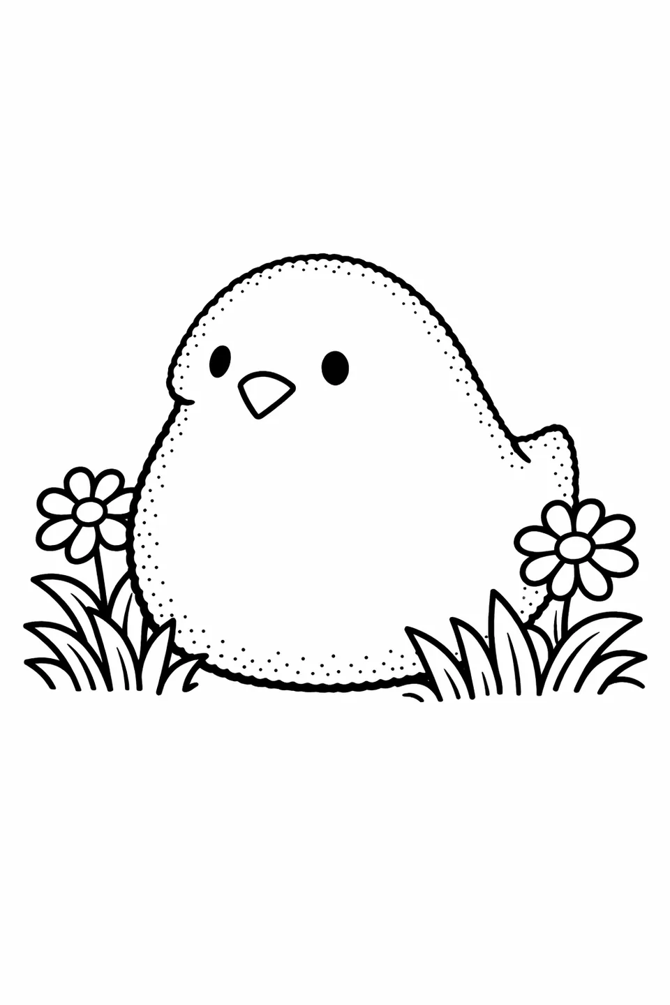 Цыпленок Peeps из зефира стоит в зарослях травы с двумя ромашками рядом