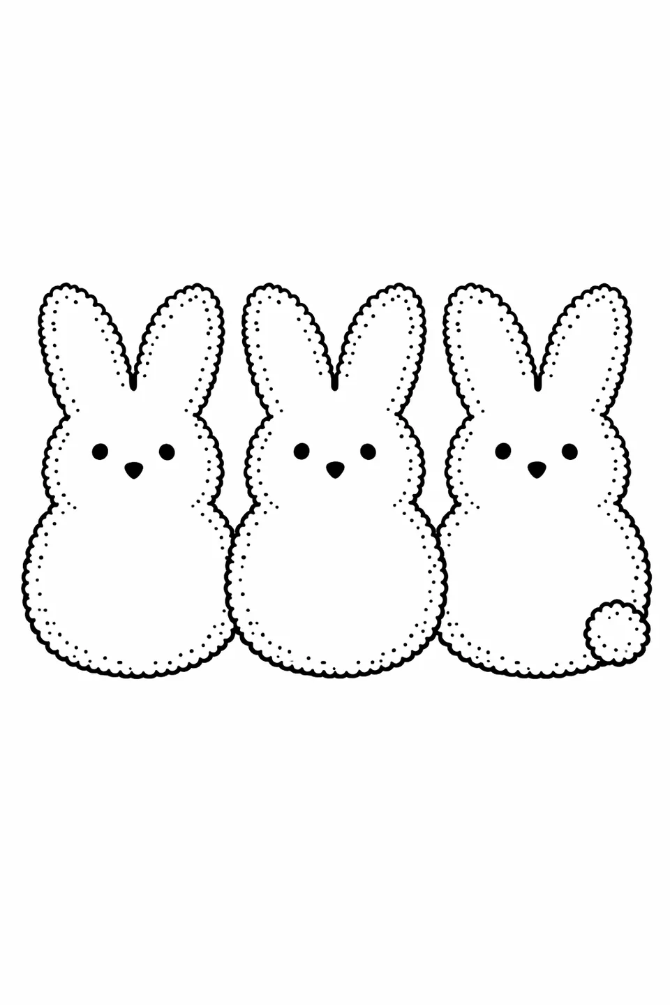 Ряд из трех зефирных зайчиков Peeps рядом друг с другом, у каждого высокие стоячие ушки и точечные глазки