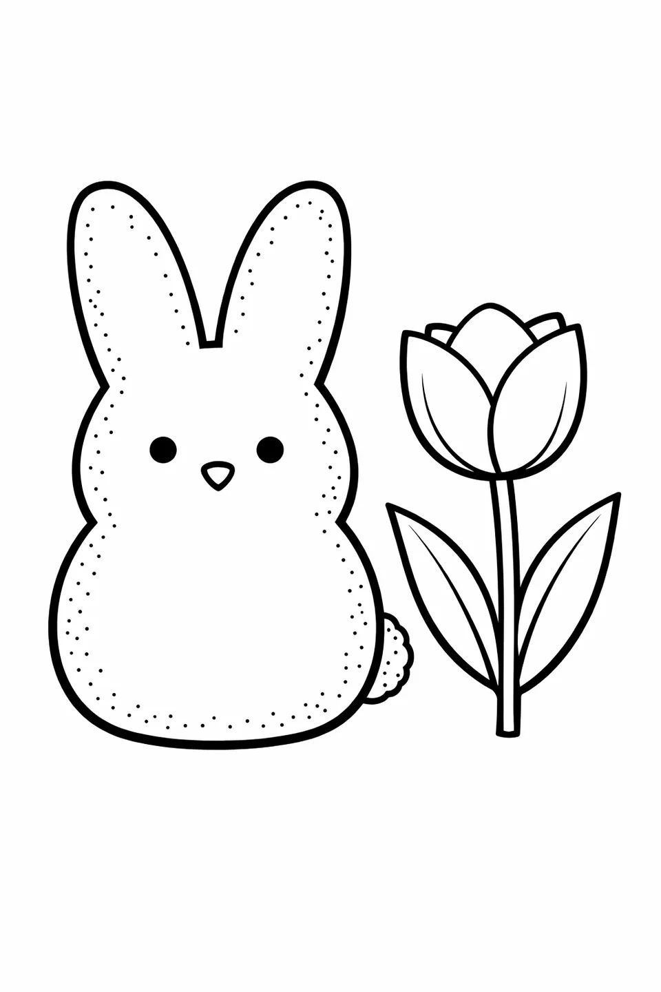 Зефирный зайчик Peeps рядом с высоким тюльпаном со стеблем и двумя листьями