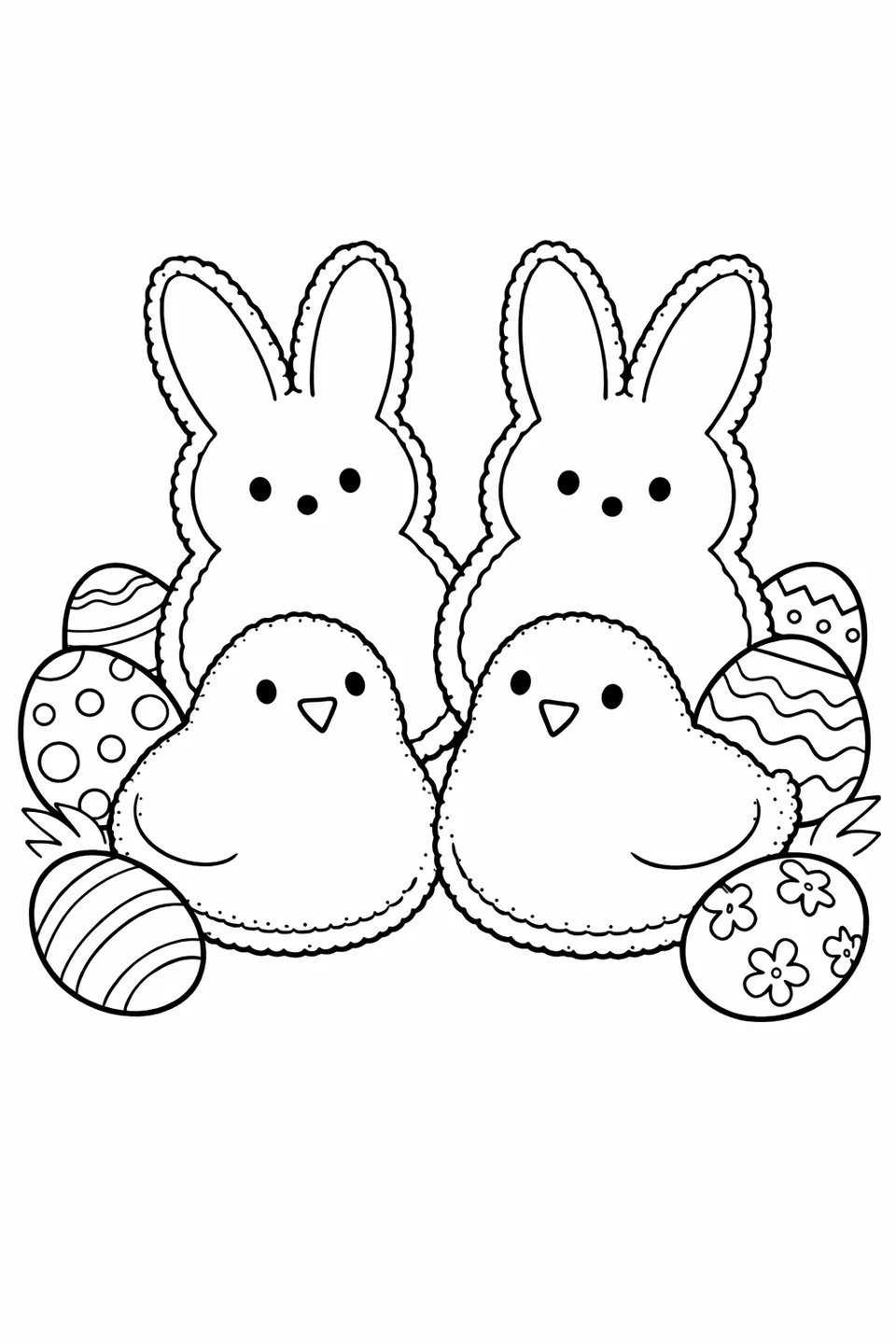 Группа из двух цыплят Peeps и двух зайчиков Peeps с разбросанными вокруг пасхальными яйцами