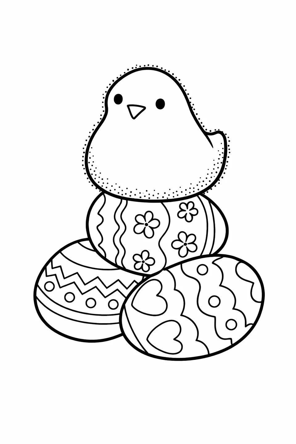 Зефирный цыпленок Peeps сидит на трех шатких пасхальных яйцах