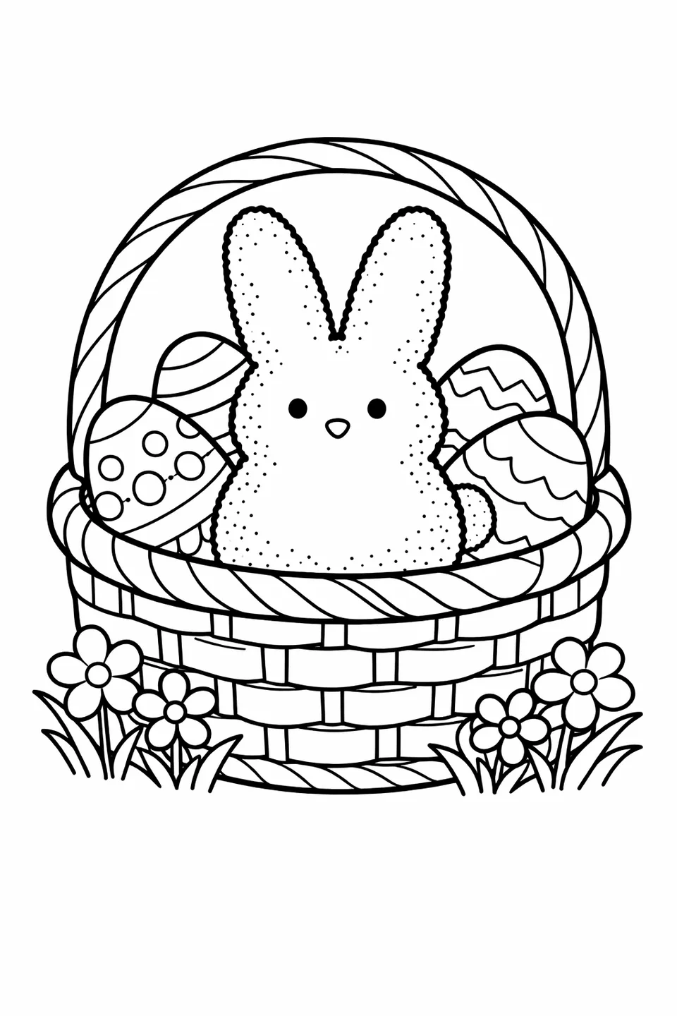 Зефирный заяц Peeps в пасхальной корзинке с яйцами и цветами, уши выступают над краем