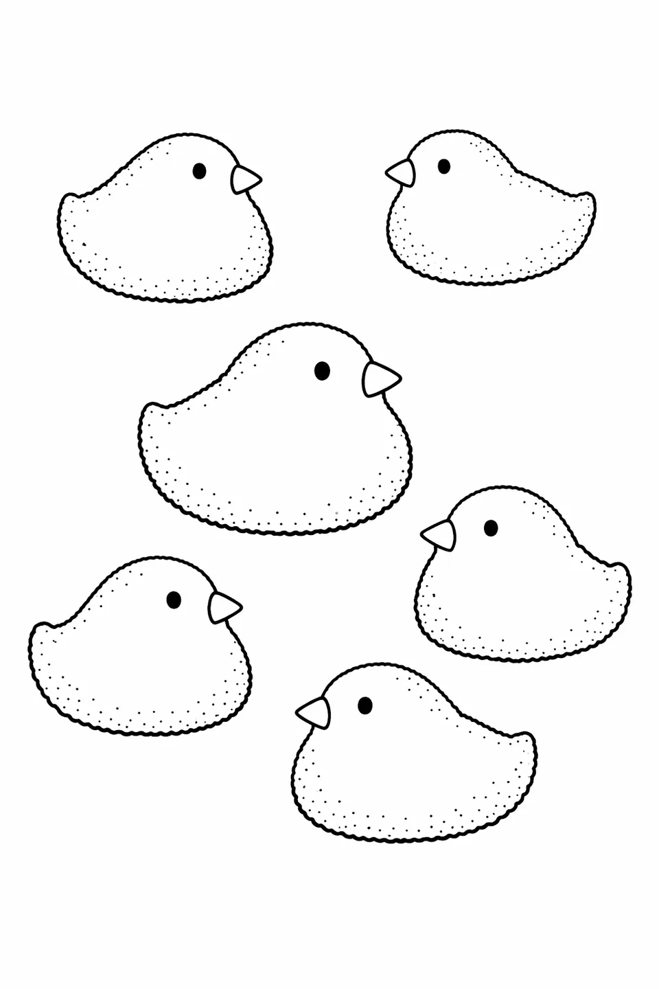 Пять зефирных цыплят Peeps разбросаны по странице разного размера