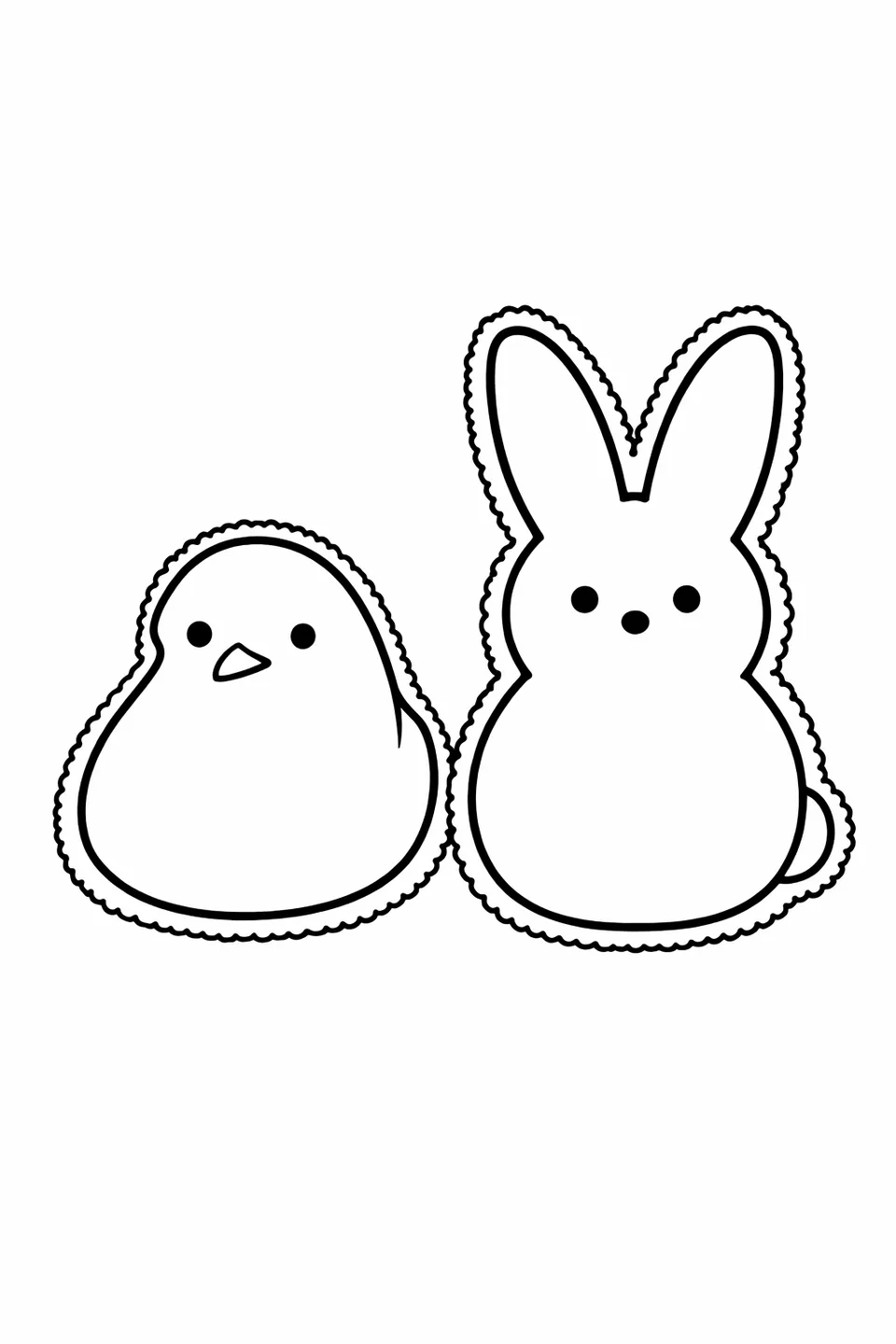 Зефирный цыпленок Peeps и зефирный заяц Peeps стоят рядом в одном масштабе