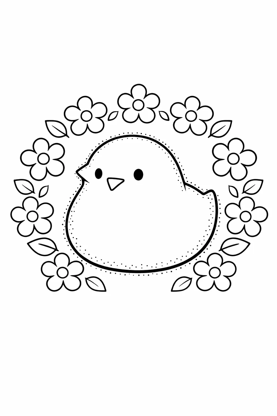 Зефирный цыпленок ПИПС в центре кольца из простых пятилепестковых весенних цветов и листочков